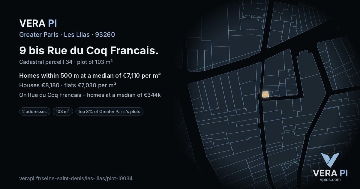 9 bis Rue du Coq Francais, Les Lilas at night – the plot lit, the parcels around coloured by the prices near them