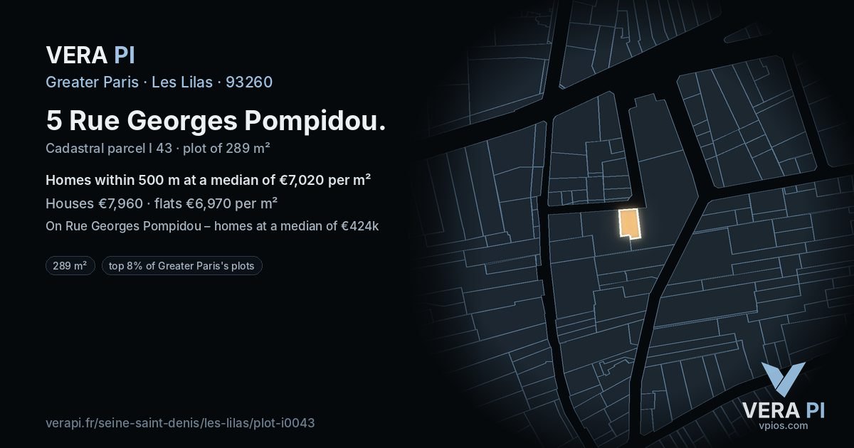 5 Rue Georges Pompidou, Les Lilas at night – the plot lit, the parcels around coloured by the prices near them