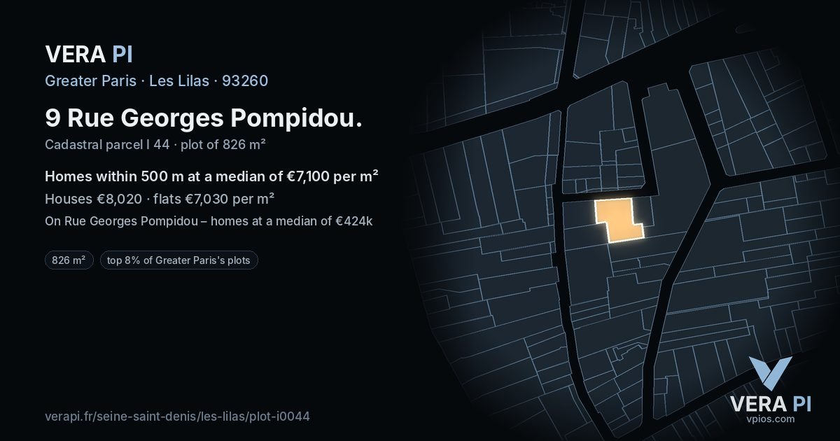9 Rue Georges Pompidou, Les Lilas at night – the plot lit, the parcels around coloured by the prices near them