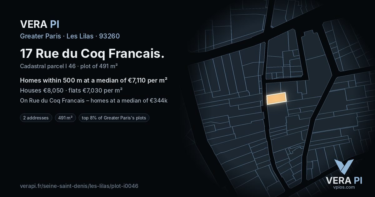17 Rue du Coq Francais, Les Lilas at night – the plot lit, the parcels around coloured by the prices near them