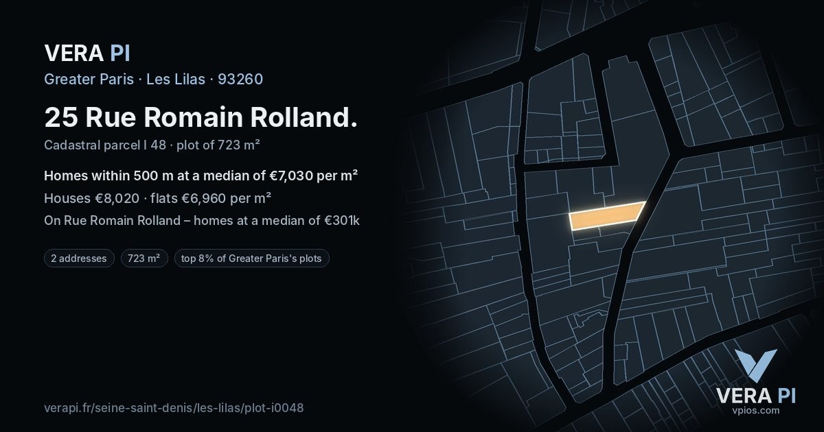 25 Rue Romain Rolland, Les Lilas at night – the plot lit, the parcels around coloured by the prices near them