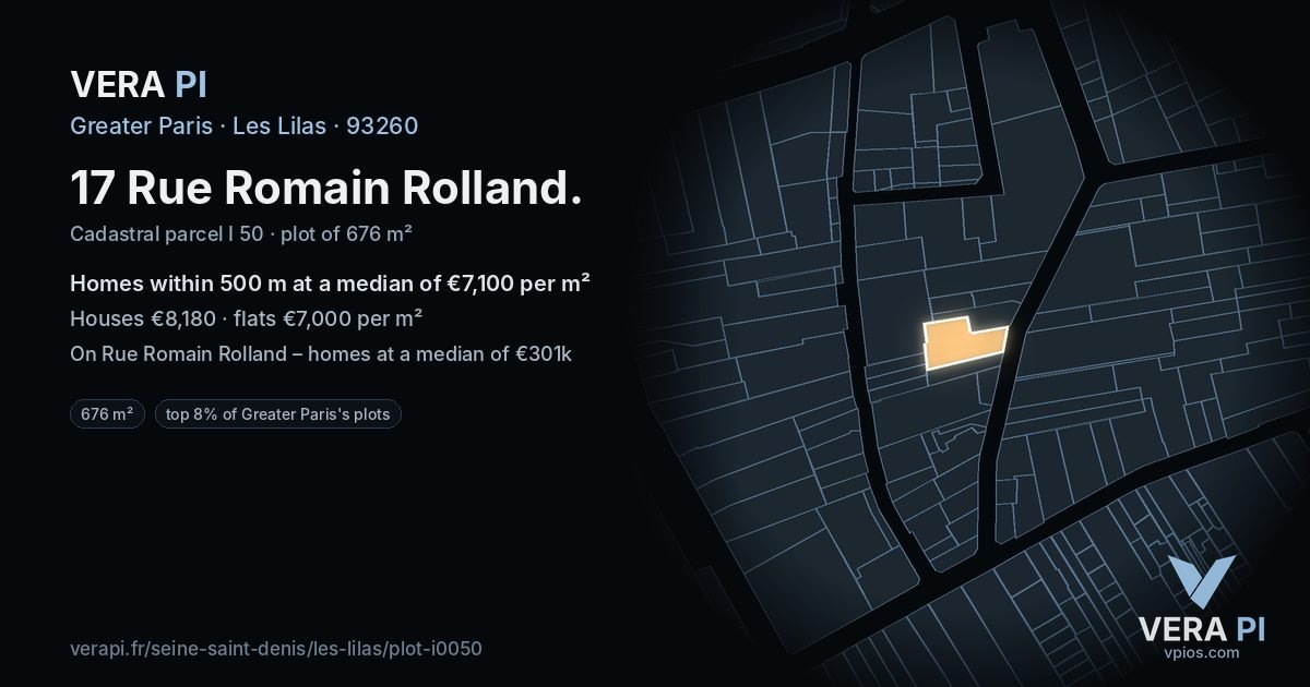17 Rue Romain Rolland, Les Lilas at night – the plot lit, the parcels around coloured by the prices near them