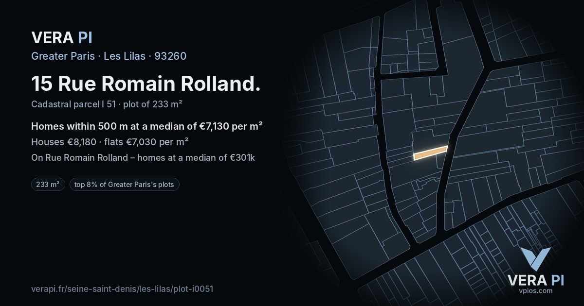 15 Rue Romain Rolland, Les Lilas at night – the plot lit, the parcels around coloured by the prices near them