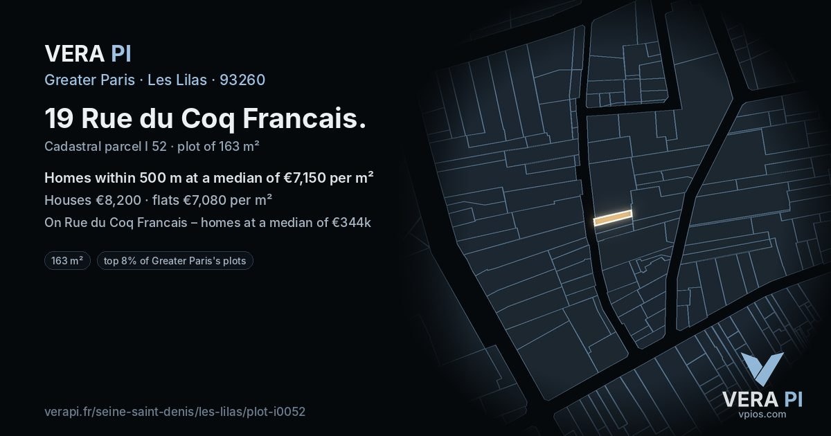 19 Rue du Coq Francais, Les Lilas at night – the plot lit, the parcels around coloured by the prices near them