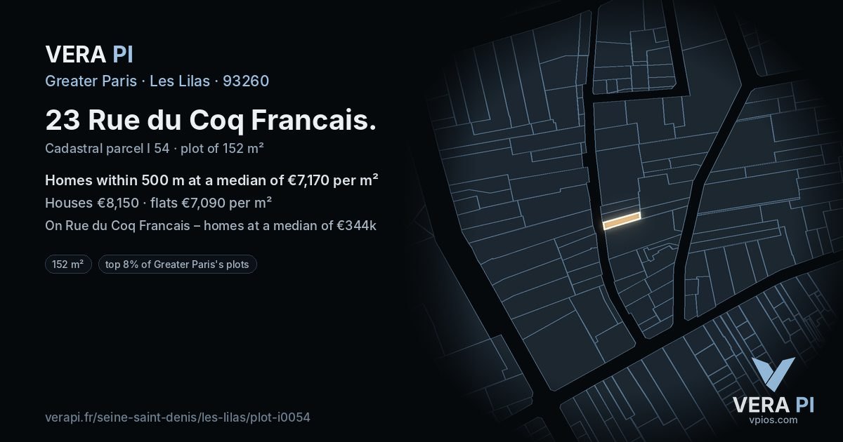 23 Rue du Coq Francais, Les Lilas at night – the plot lit, the parcels around coloured by the prices near them