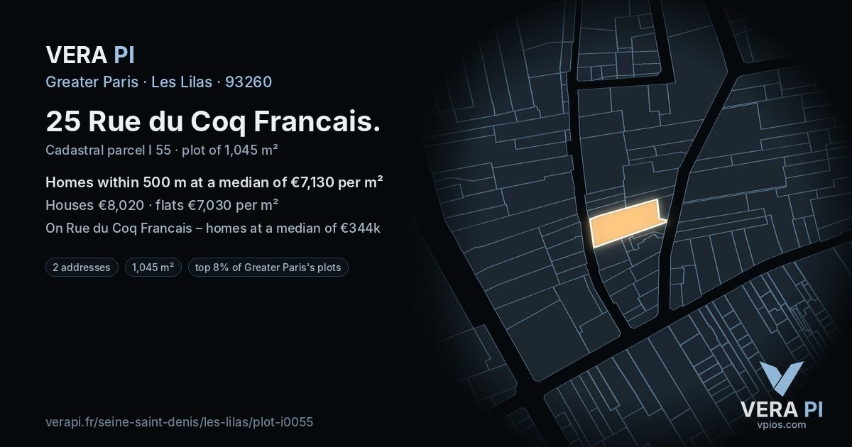 25 Rue du Coq Francais, Les Lilas at night – the plot lit, the parcels around coloured by the prices near them