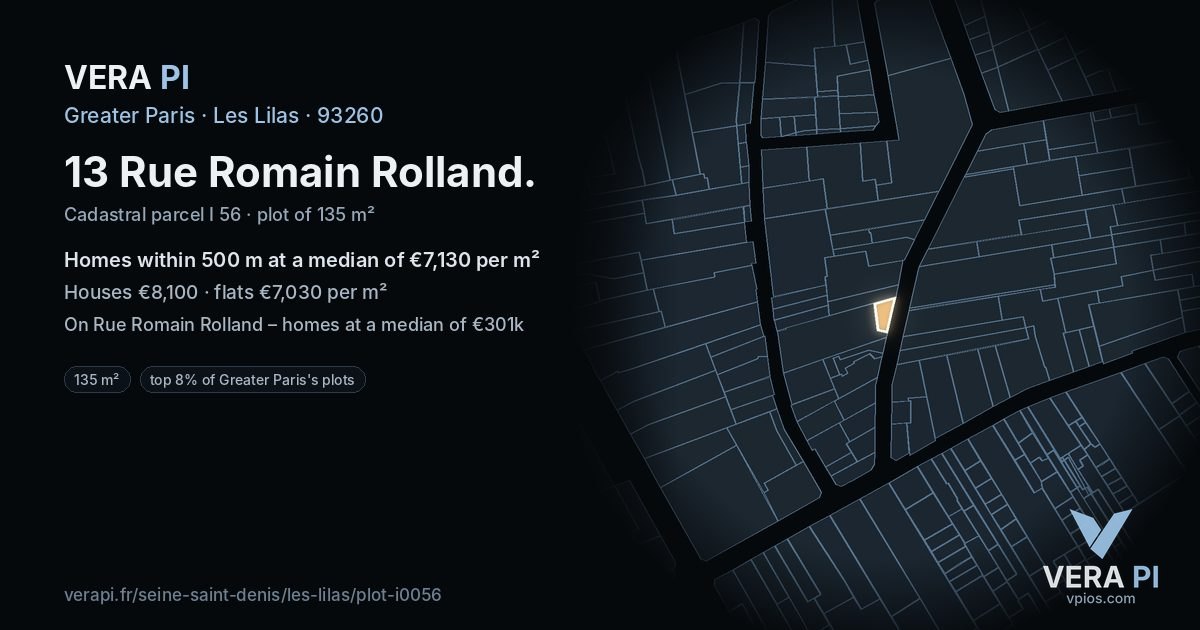 13 Rue Romain Rolland, Les Lilas at night – the plot lit, the parcels around coloured by the prices near them