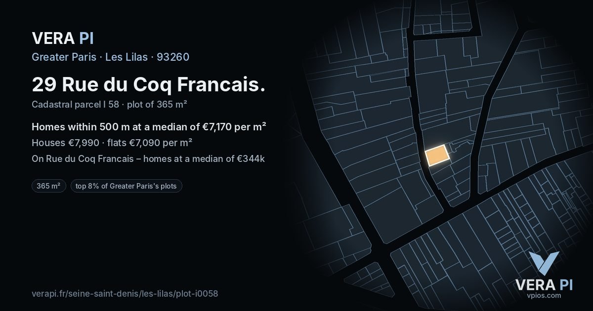 29 Rue du Coq Francais, Les Lilas at night – the plot lit, the parcels around coloured by the prices near them