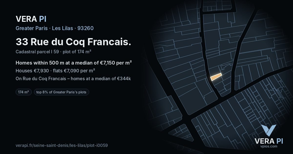 33 Rue du Coq Francais, Les Lilas at night – the plot lit, the parcels around coloured by the prices near them