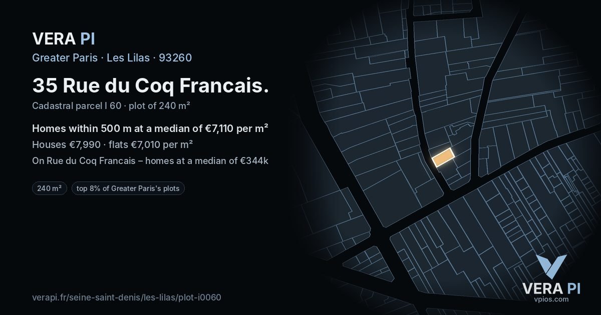 35 Rue du Coq Francais, Les Lilas at night – the plot lit, the parcels around coloured by the prices near them