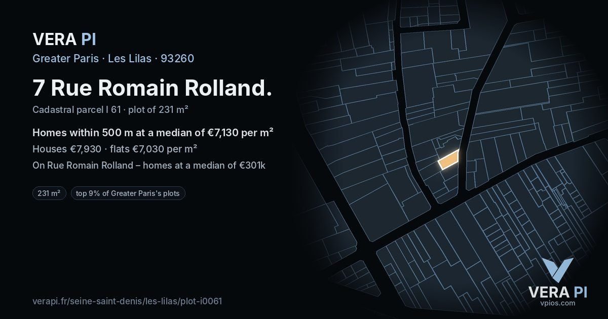 7 Rue Romain Rolland, Les Lilas at night – the plot lit, the parcels around coloured by the prices near them