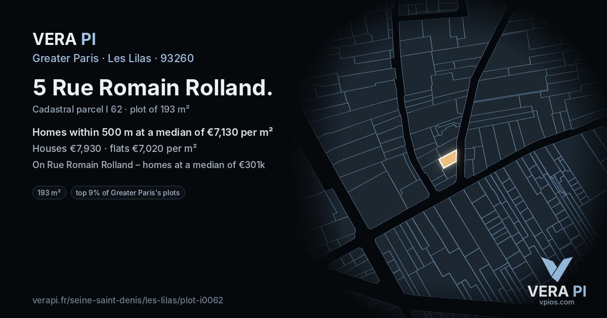 5 Rue Romain Rolland, Les Lilas at night – the plot lit, the parcels around coloured by the prices near them