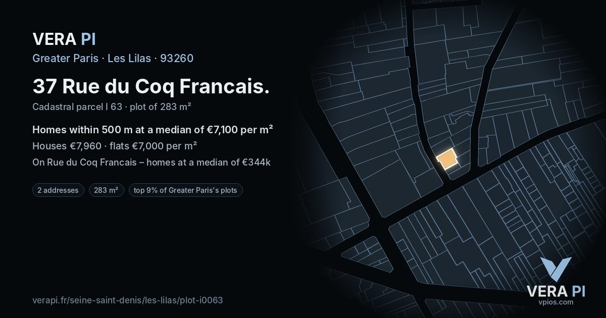 37 Rue du Coq Francais, Les Lilas at night – the plot lit, the parcels around coloured by the prices near them