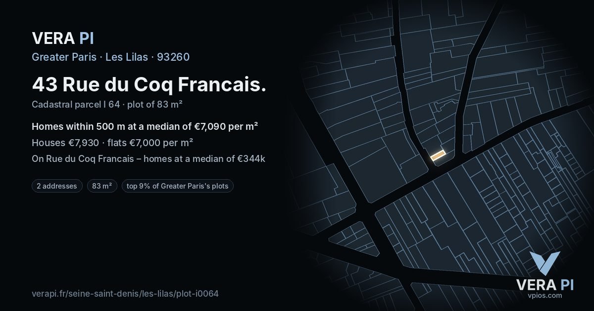 43 Rue du Coq Francais, Les Lilas at night – the plot lit, the parcels around coloured by the prices near them