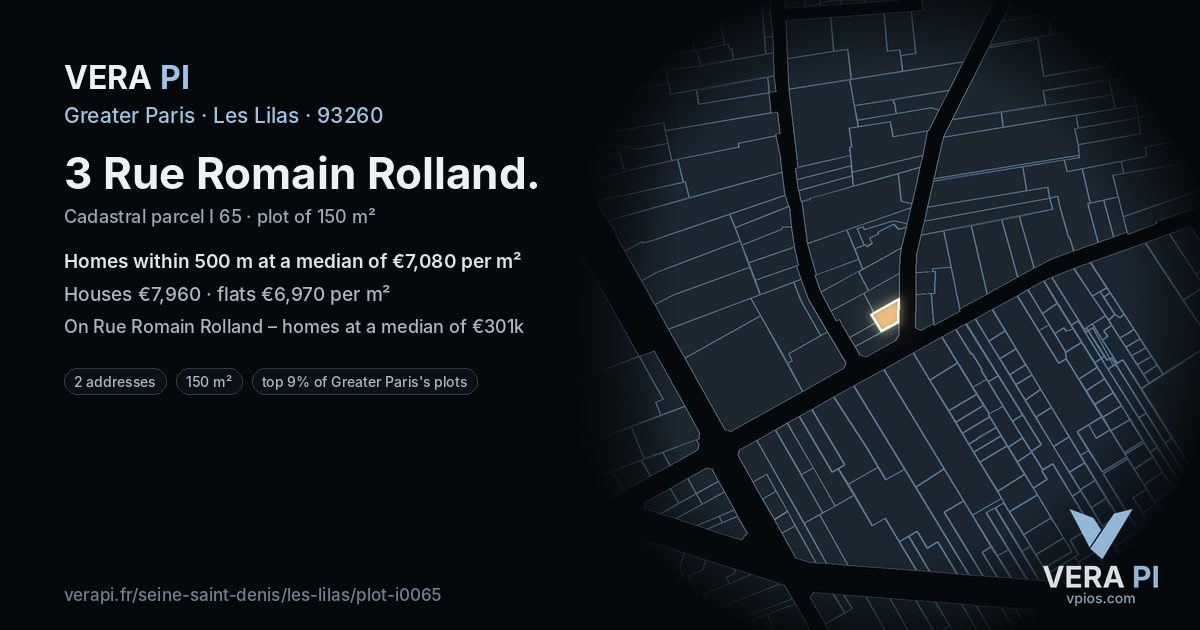 3 Rue Romain Rolland, Les Lilas at night – the plot lit, the parcels around coloured by the prices near them