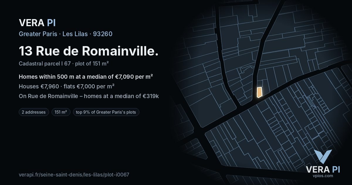 13 Rue de Romainville, Les Lilas at night – the plot lit, the parcels around coloured by the prices near them