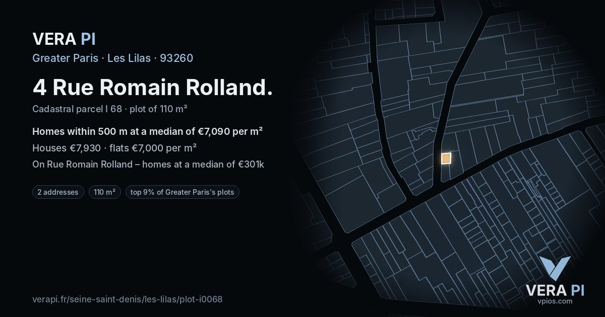 4 Rue Romain Rolland, Les Lilas at night – the plot lit, the parcels around coloured by the prices near them