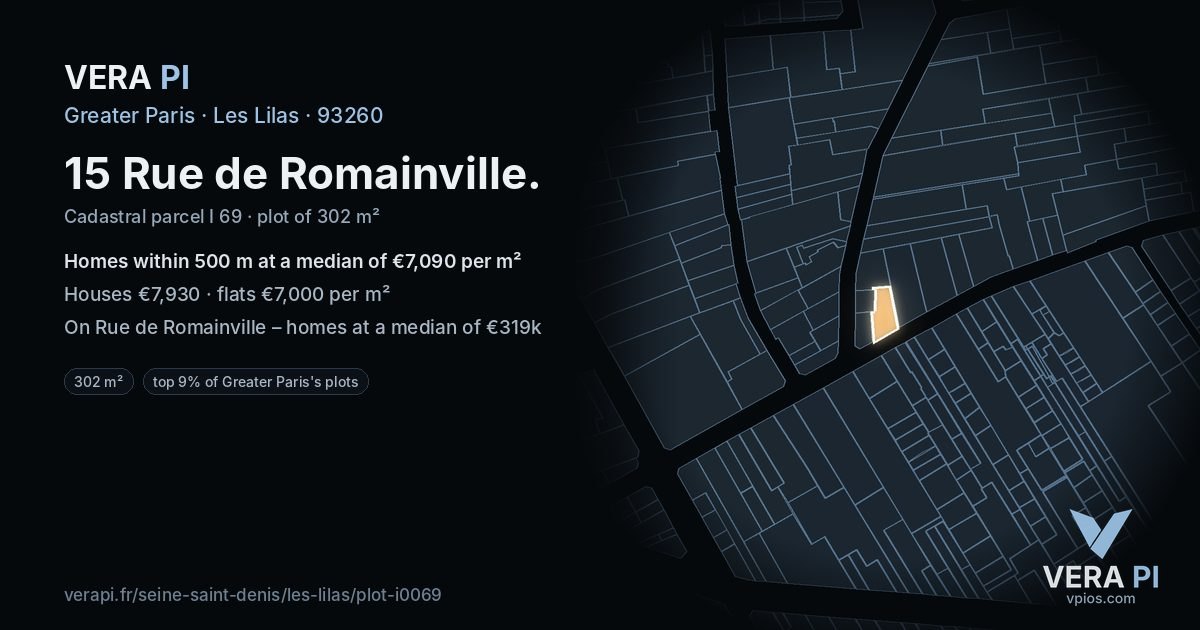 15 Rue de Romainville, Les Lilas at night – the plot lit, the parcels around coloured by the prices near them