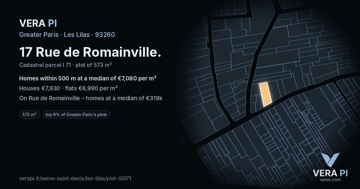 17 Rue de Romainville, Les Lilas at night – the plot lit, the parcels around coloured by the prices near them