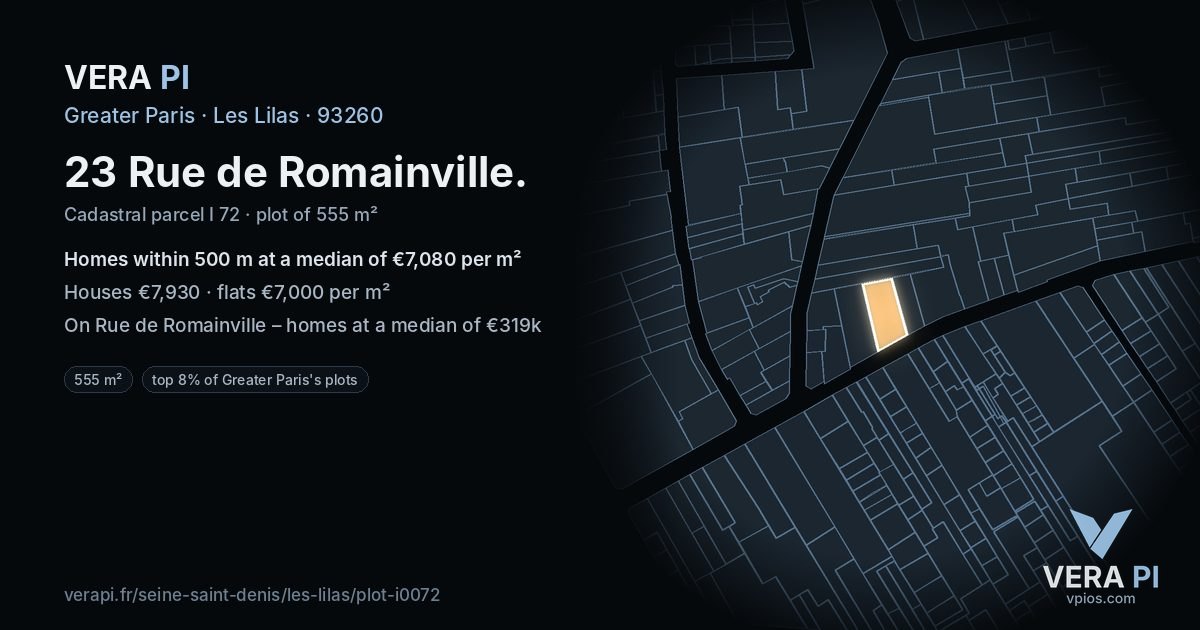 23 Rue de Romainville, Les Lilas at night – the plot lit, the parcels around coloured by the prices near them