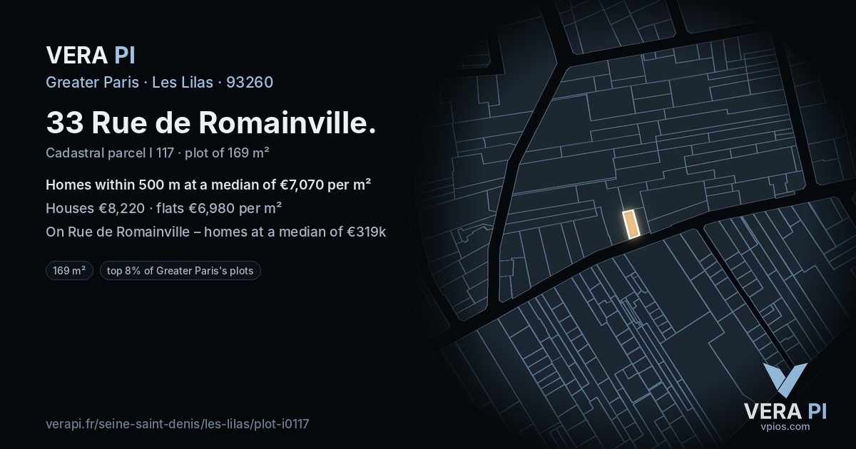 33 Rue de Romainville, Les Lilas at night – the plot lit, the parcels around coloured by the prices near them