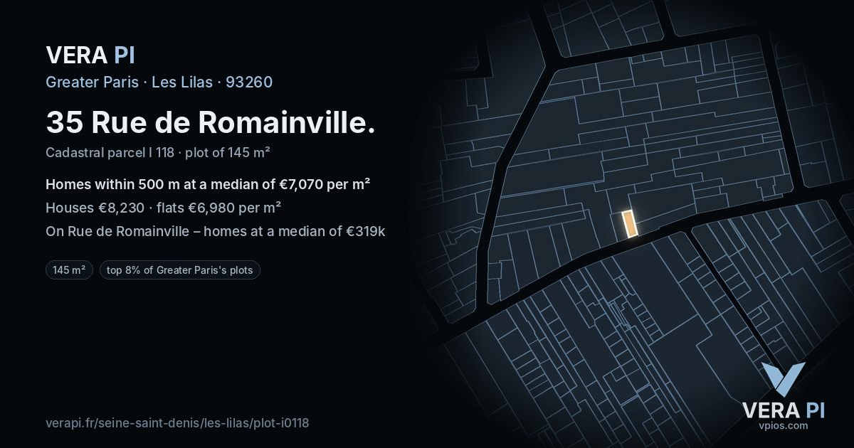 35 Rue de Romainville, Les Lilas at night – the plot lit, the parcels around coloured by the prices near them