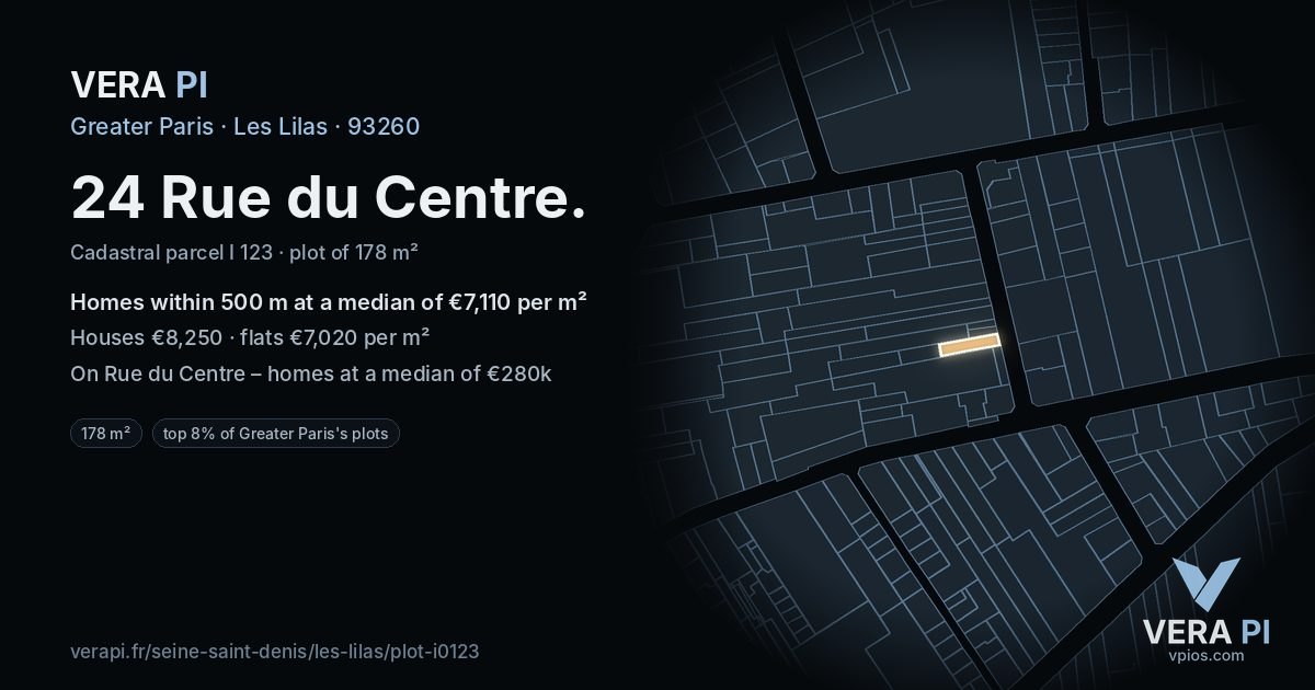 24 Rue du Centre, Les Lilas at night – the plot lit, the parcels around coloured by the prices near them
