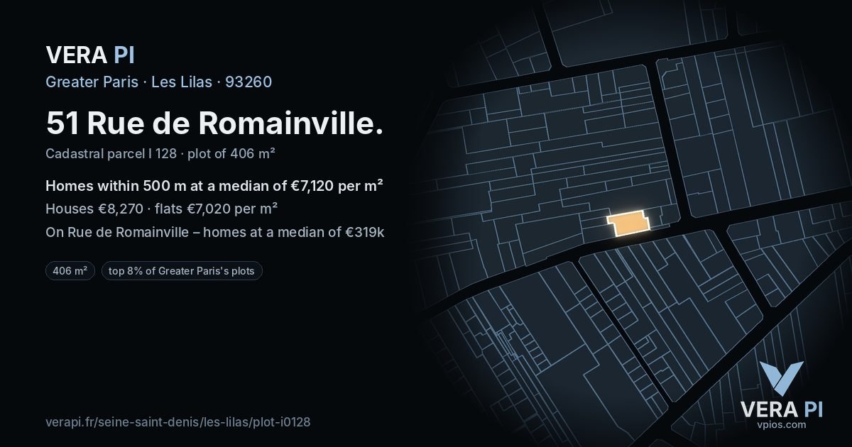 51 Rue de Romainville, Les Lilas at night – the plot lit, the parcels around coloured by the prices near them