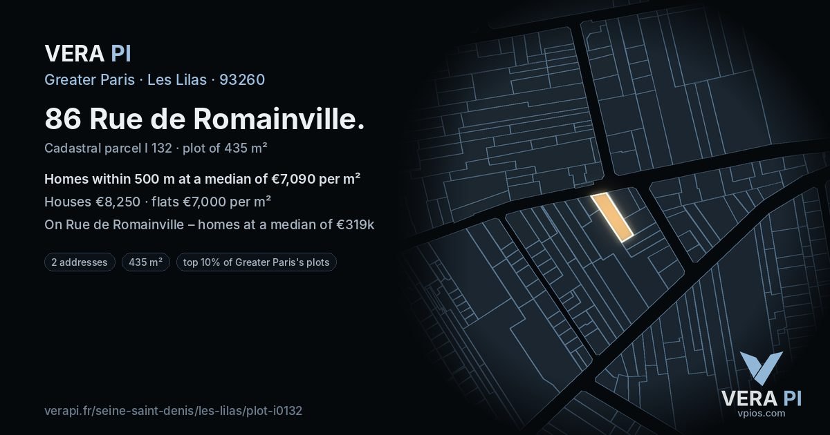 86 Rue de Romainville, Les Lilas at night – the plot lit, the parcels around coloured by the prices near them