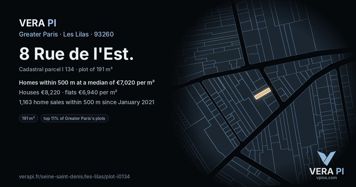 8 Rue de l'Est, Les Lilas at night – the plot lit, the parcels around coloured by the prices near them