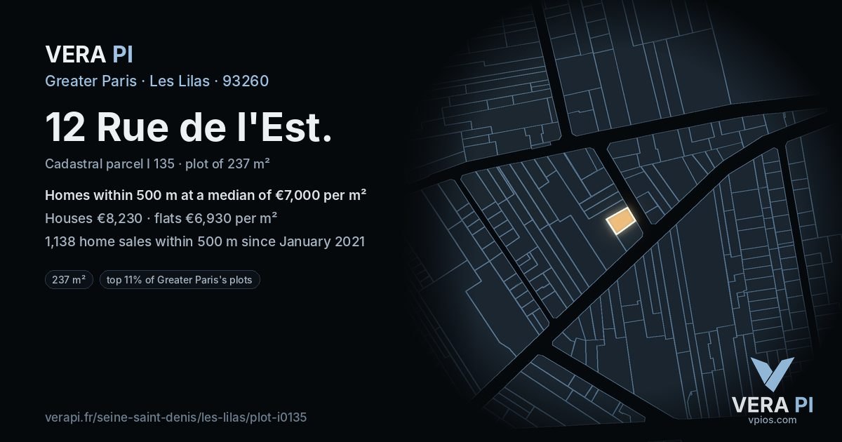 12 Rue de l'Est, Les Lilas at night – the plot lit, the parcels around coloured by the prices near them