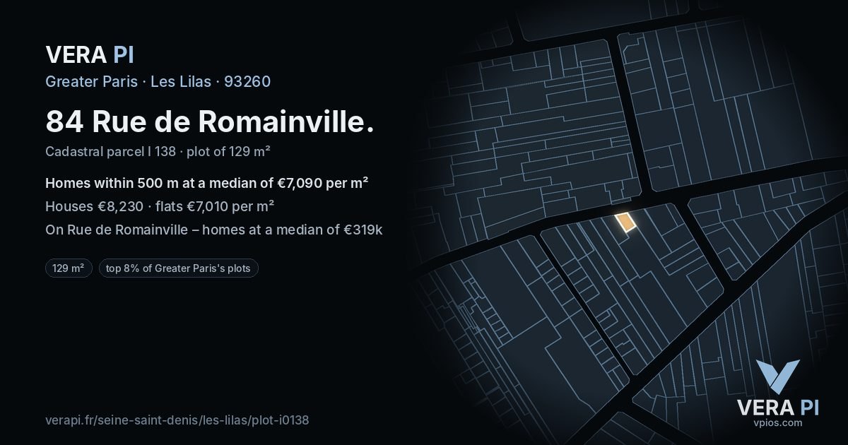 84 Rue de Romainville, Les Lilas at night – the plot lit, the parcels around coloured by the prices near them