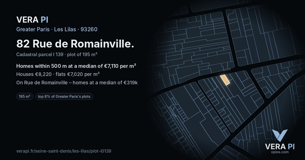 82 Rue de Romainville, Les Lilas at night – the plot lit, the parcels around coloured by the prices near them