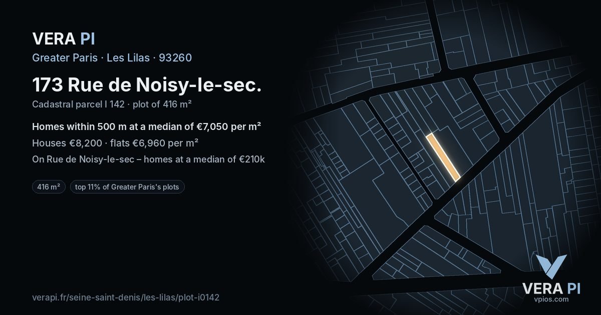 173 Rue de Noisy-le-sec, Les Lilas at night – the plot lit, the parcels around coloured by the prices near them