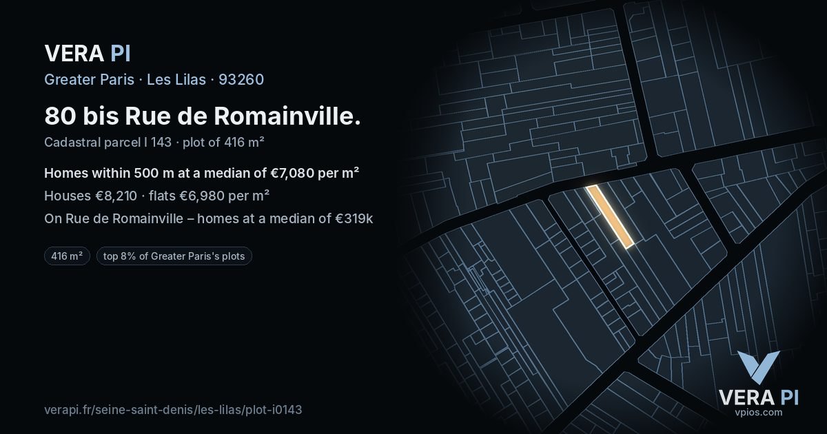 80 bis Rue de Romainville, Les Lilas at night – the plot lit, the parcels around coloured by the prices near them