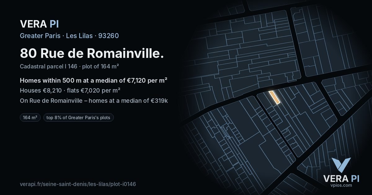 80 Rue de Romainville, Les Lilas at night – the plot lit, the parcels around coloured by the prices near them