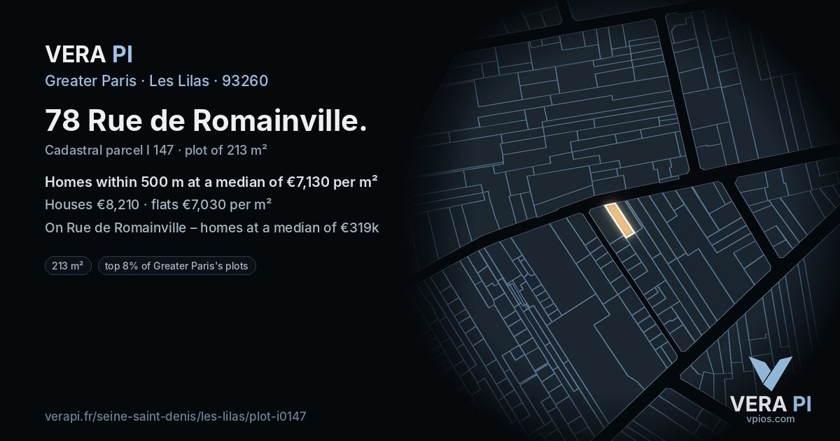 78 Rue de Romainville, Les Lilas at night – the plot lit, the parcels around coloured by the prices near them