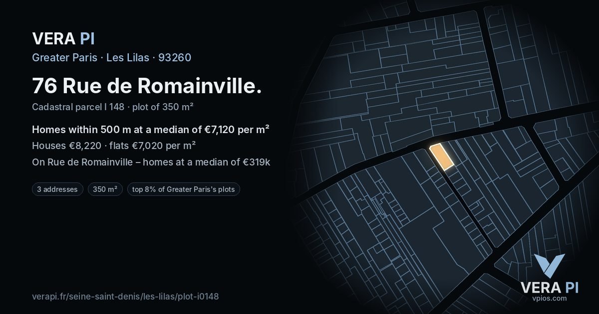 76 Rue de Romainville, Les Lilas at night – the plot lit, the parcels around coloured by the prices near them