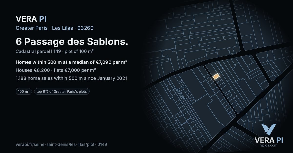 6 Passage des Sablons, Les Lilas at night – the plot lit, the parcels around coloured by the prices near them