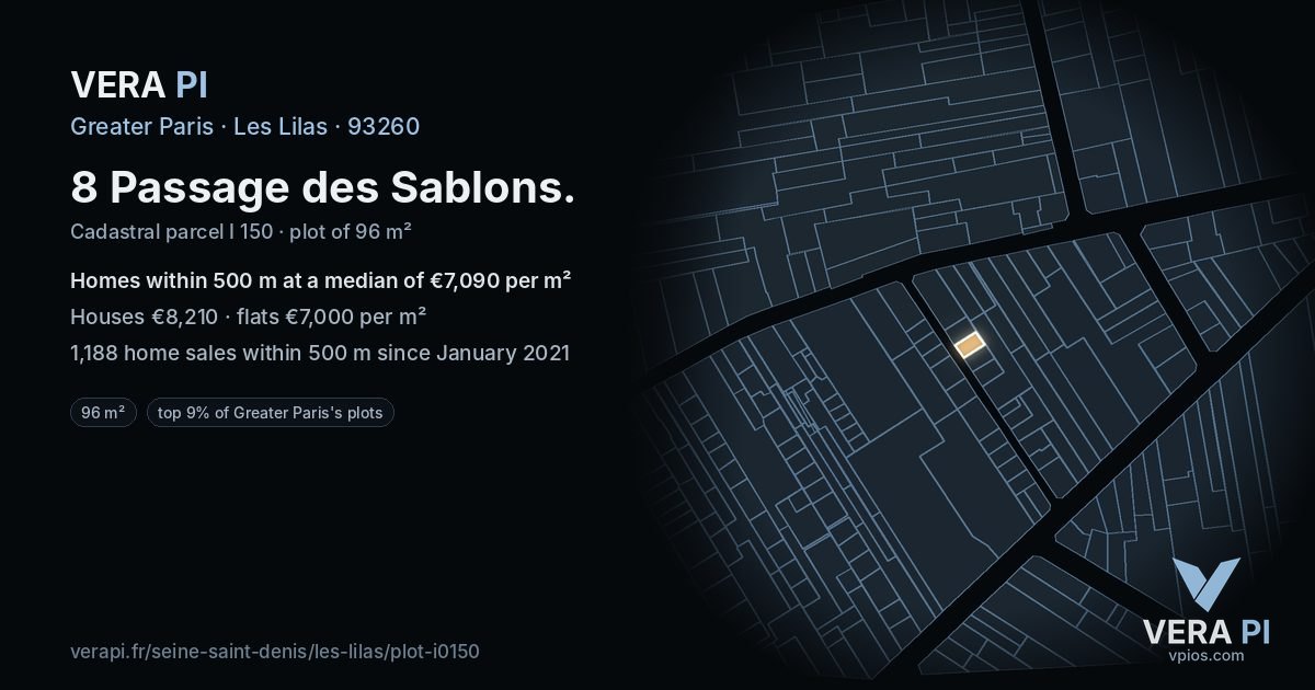 8 Passage des Sablons, Les Lilas at night – the plot lit, the parcels around coloured by the prices near them