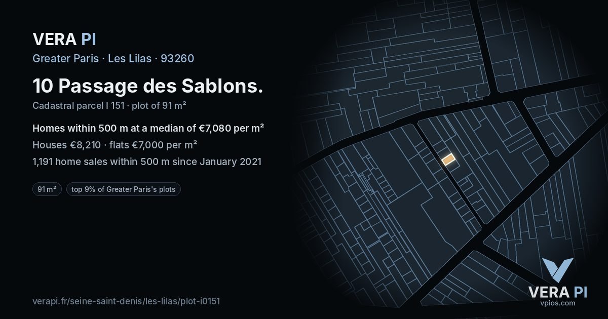 10 Passage des Sablons, Les Lilas at night – the plot lit, the parcels around coloured by the prices near them