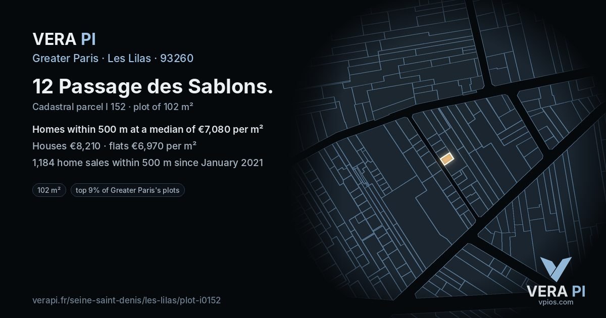 12 Passage des Sablons, Les Lilas at night – the plot lit, the parcels around coloured by the prices near them