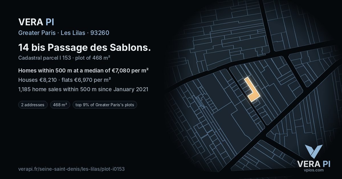 14 bis Passage des Sablons, Les Lilas at night – the plot lit, the parcels around coloured by the prices near them