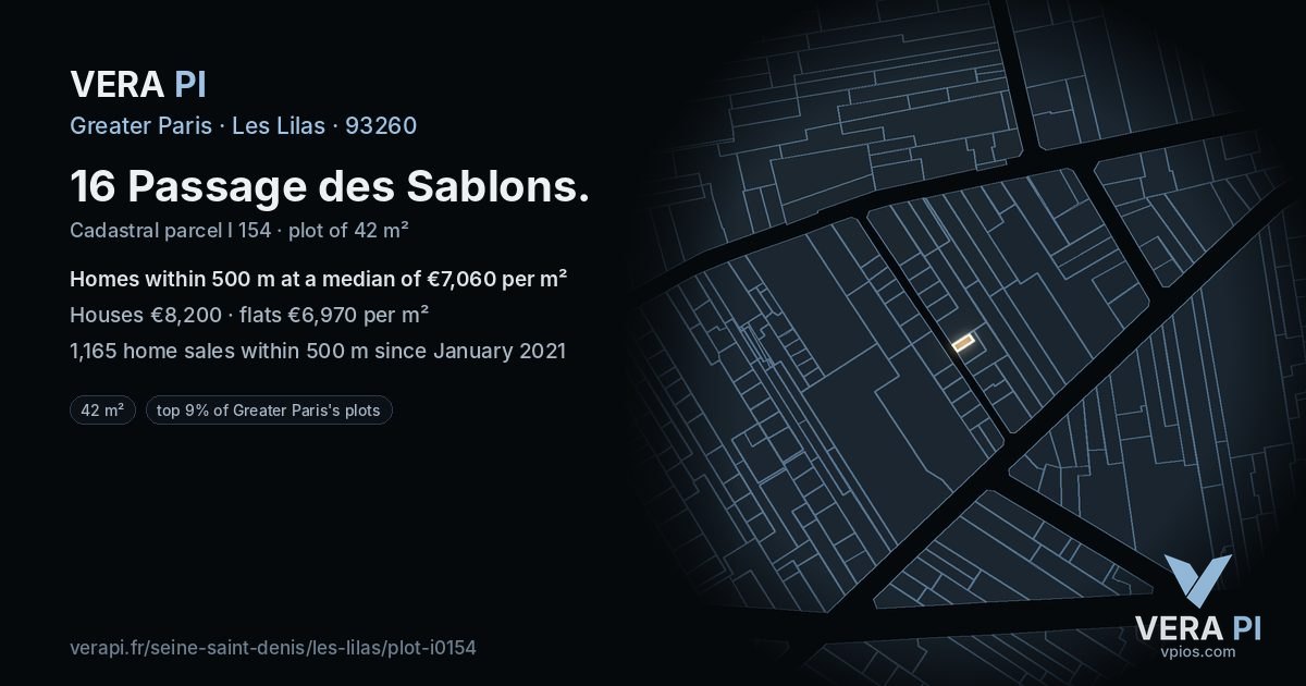 16 Passage des Sablons, Les Lilas at night – the plot lit, the parcels around coloured by the prices near them
