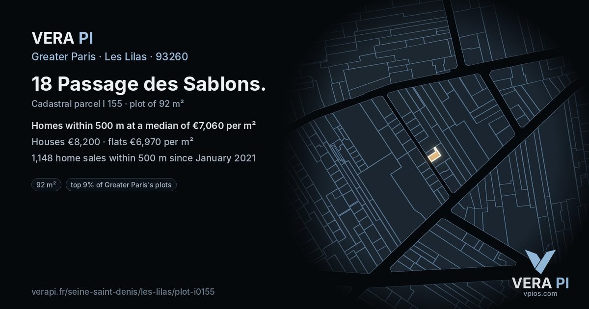 18 Passage des Sablons, Les Lilas at night – the plot lit, the parcels around coloured by the prices near them