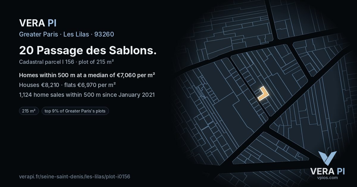 20 Passage des Sablons, Les Lilas at night – the plot lit, the parcels around coloured by the prices near them