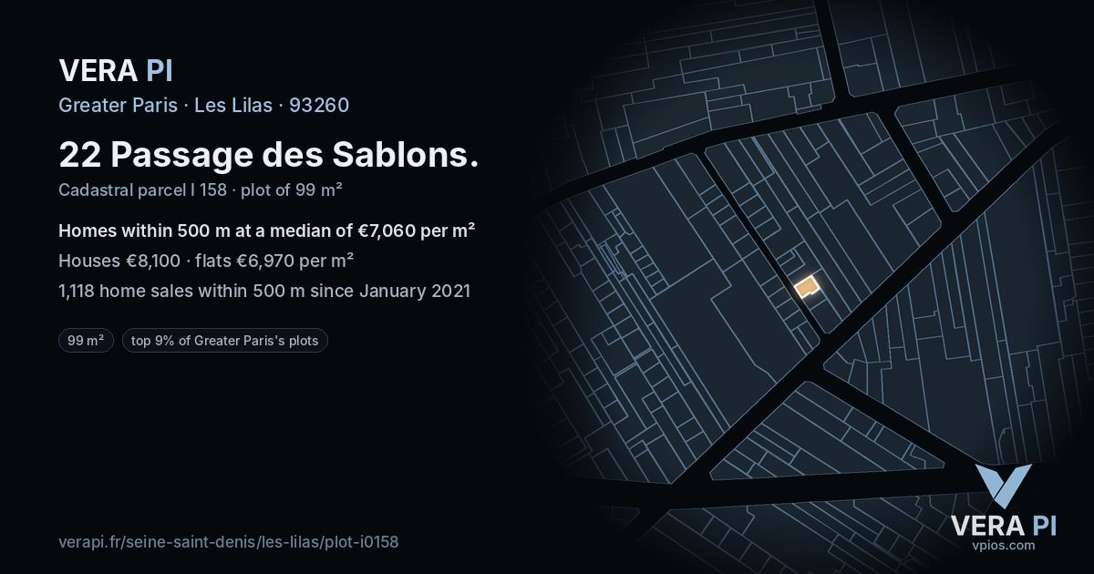 22 Passage des Sablons, Les Lilas at night – the plot lit, the parcels around coloured by the prices near them