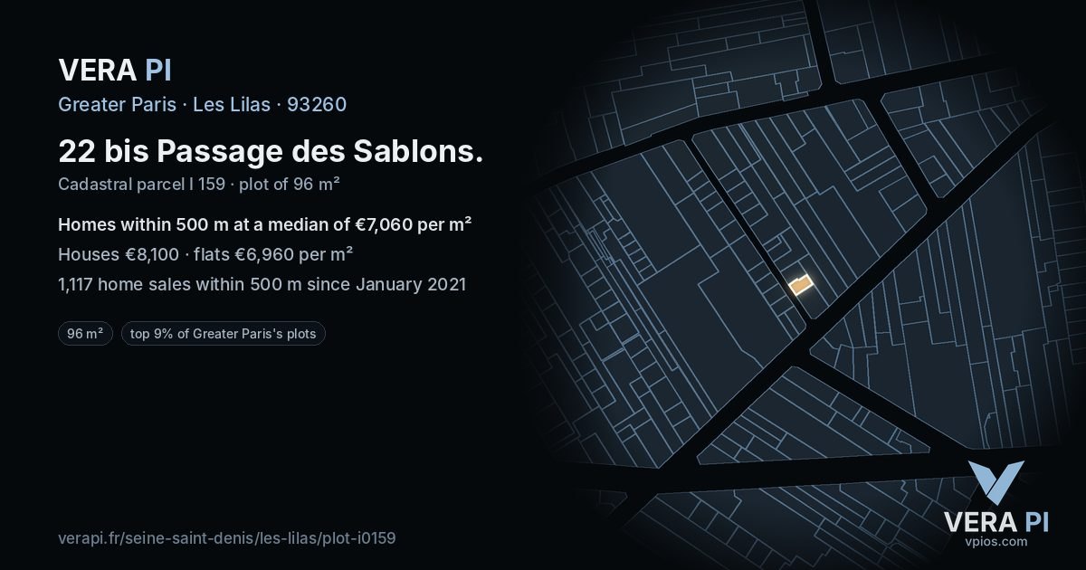 22 bis Passage des Sablons, Les Lilas at night – the plot lit, the parcels around coloured by the prices near them