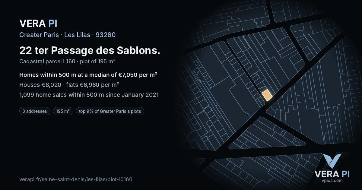 22 ter Passage des Sablons, Les Lilas at night – the plot lit, the parcels around coloured by the prices near them