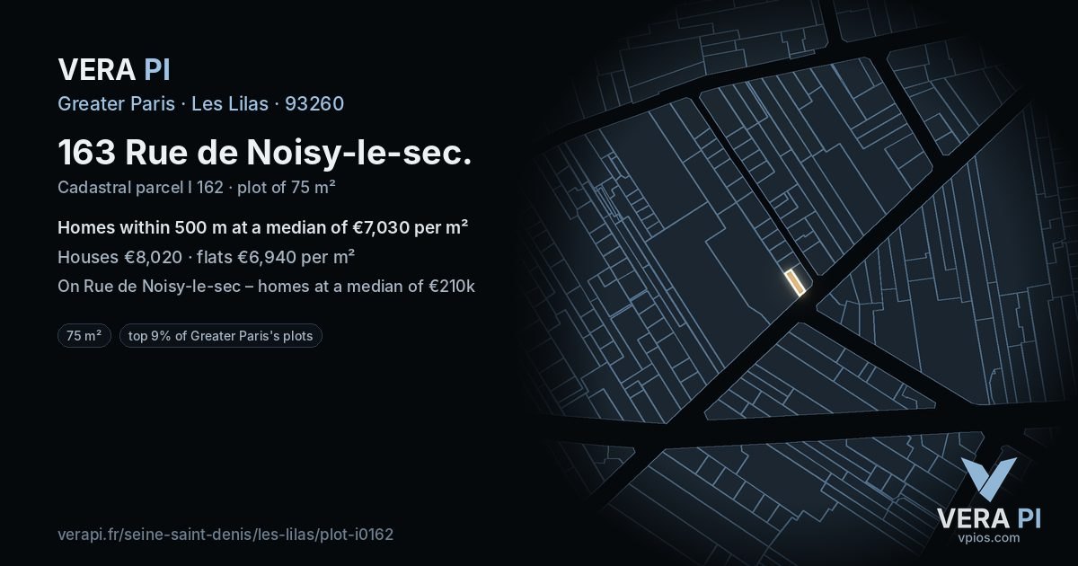 163 Rue de Noisy-le-sec, Les Lilas at night – the plot lit, the parcels around coloured by the prices near them